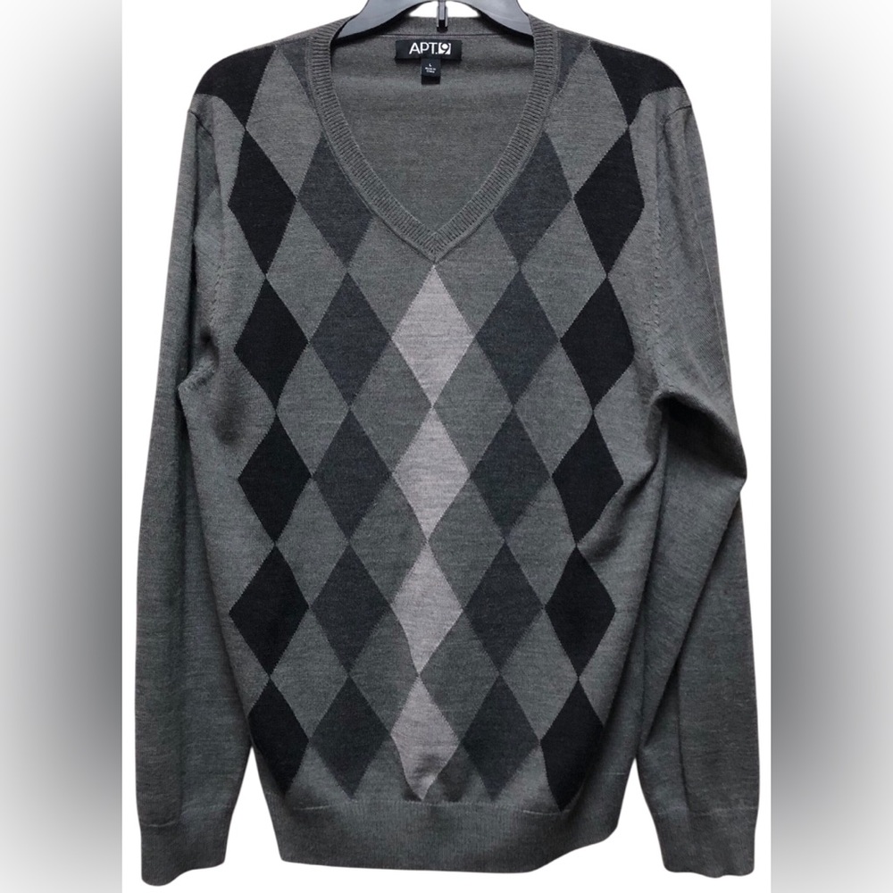 APT.9 Size Large Elegant V-Neck Sweater for Men - Black and Gray Wool / Acrylic